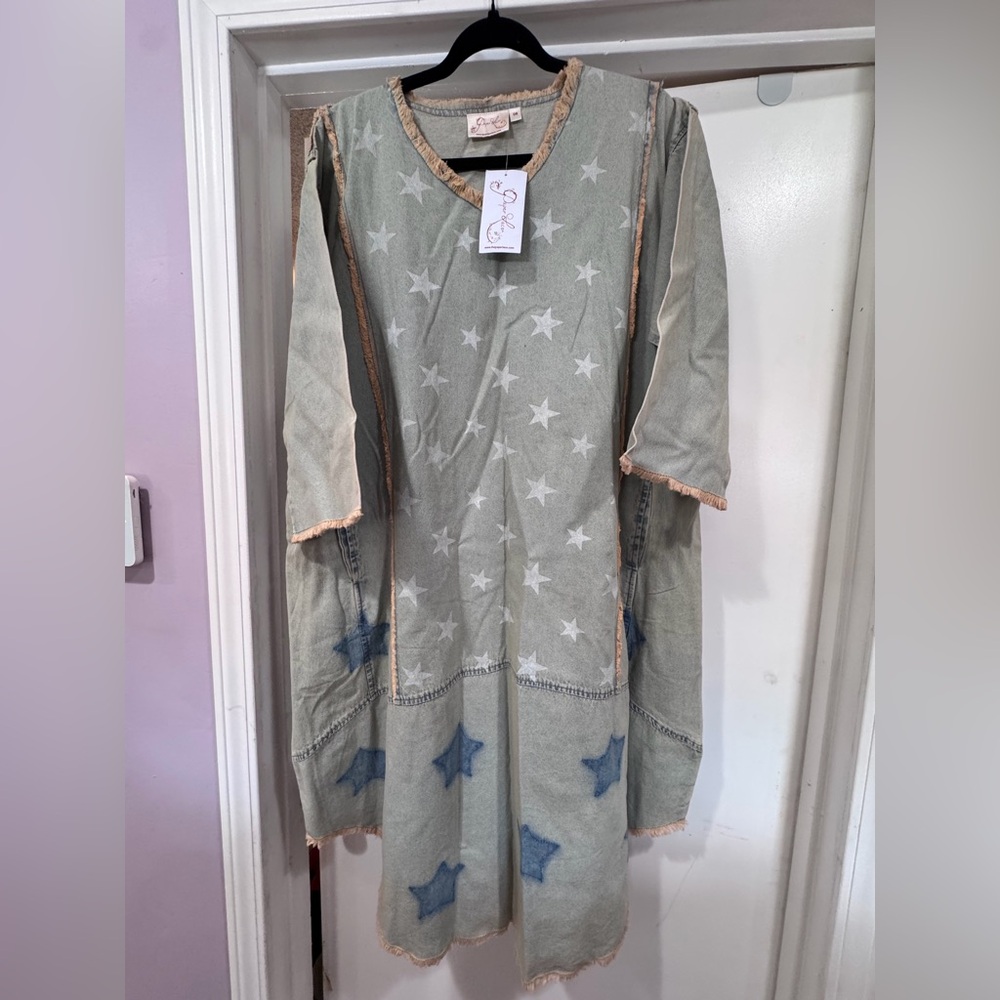 Paper Lace Brand NWT Denim Dress with Stars and frayed hem